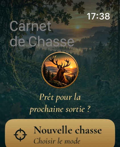 Accueil de l'app Carnet de Chasse sur l'Apple Watch